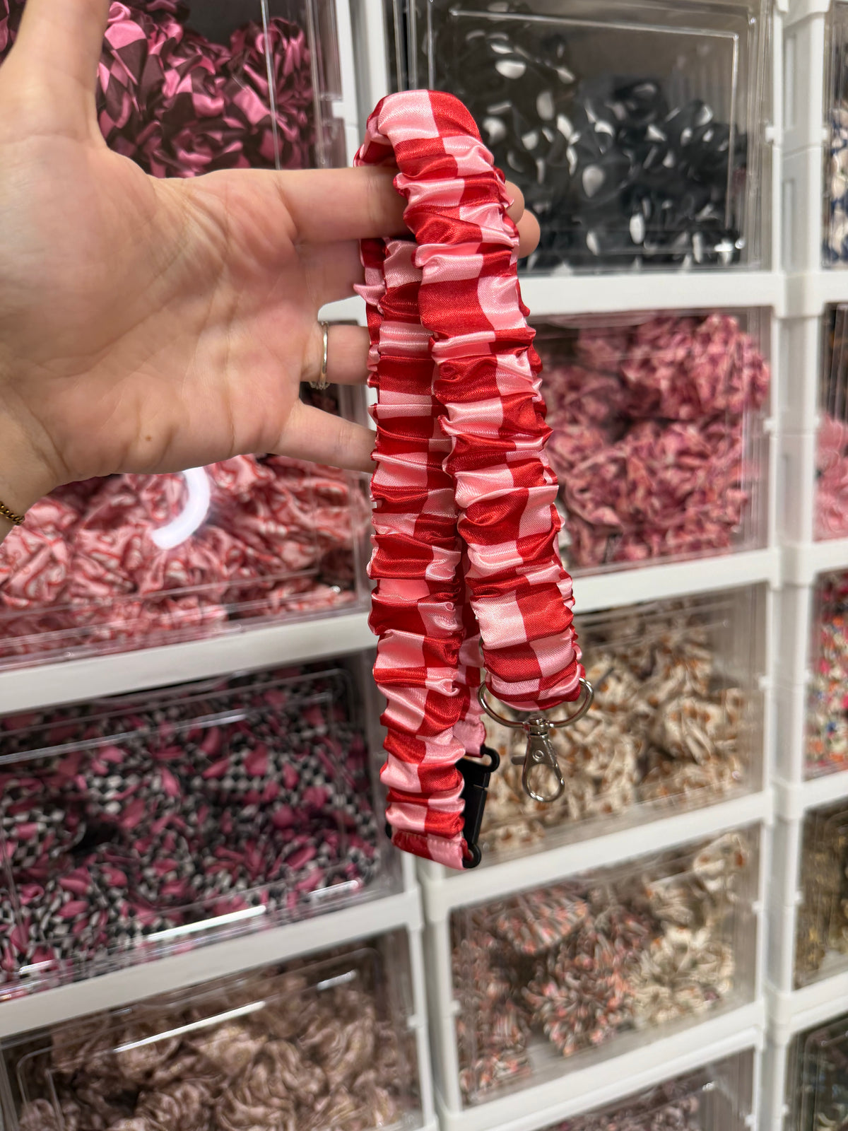 Pink and red checkerboard Scrunchie Lanyard