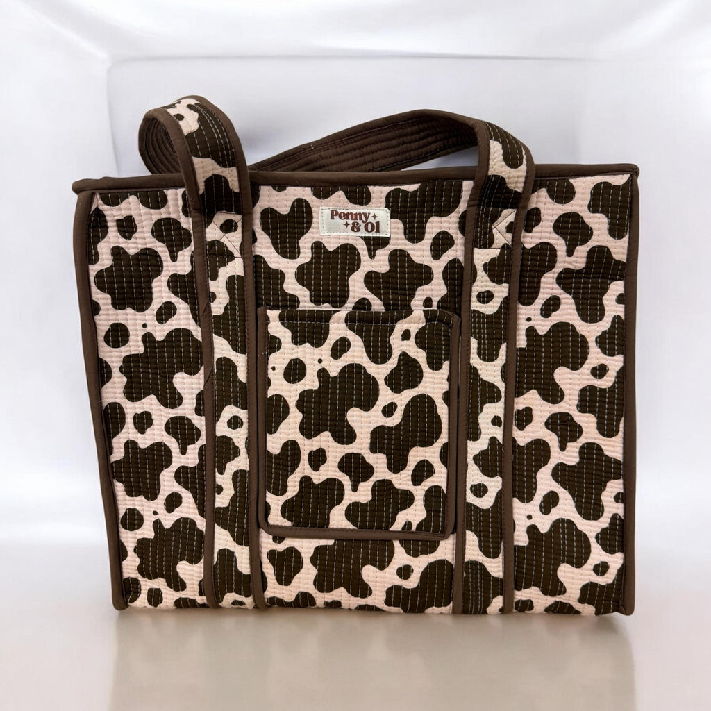 Cow Print Travel Tote, Handmade Cotton Tote Bag