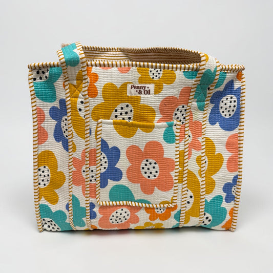 White Daisys Travel Tote, Handmade Cotton Tote Bag