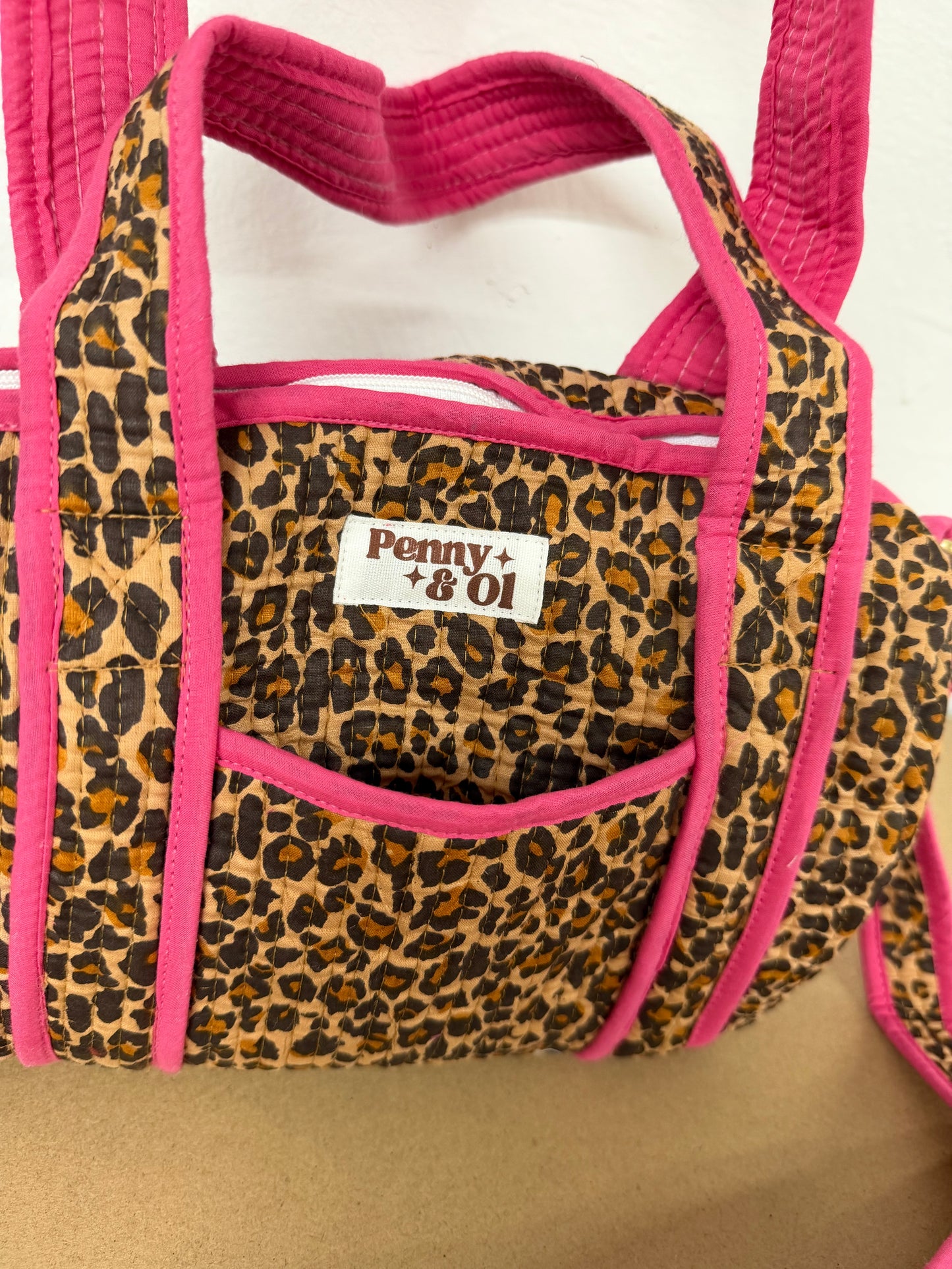 Pink Leopard Print Mini Duffle Tote, Handmade Tote Bag