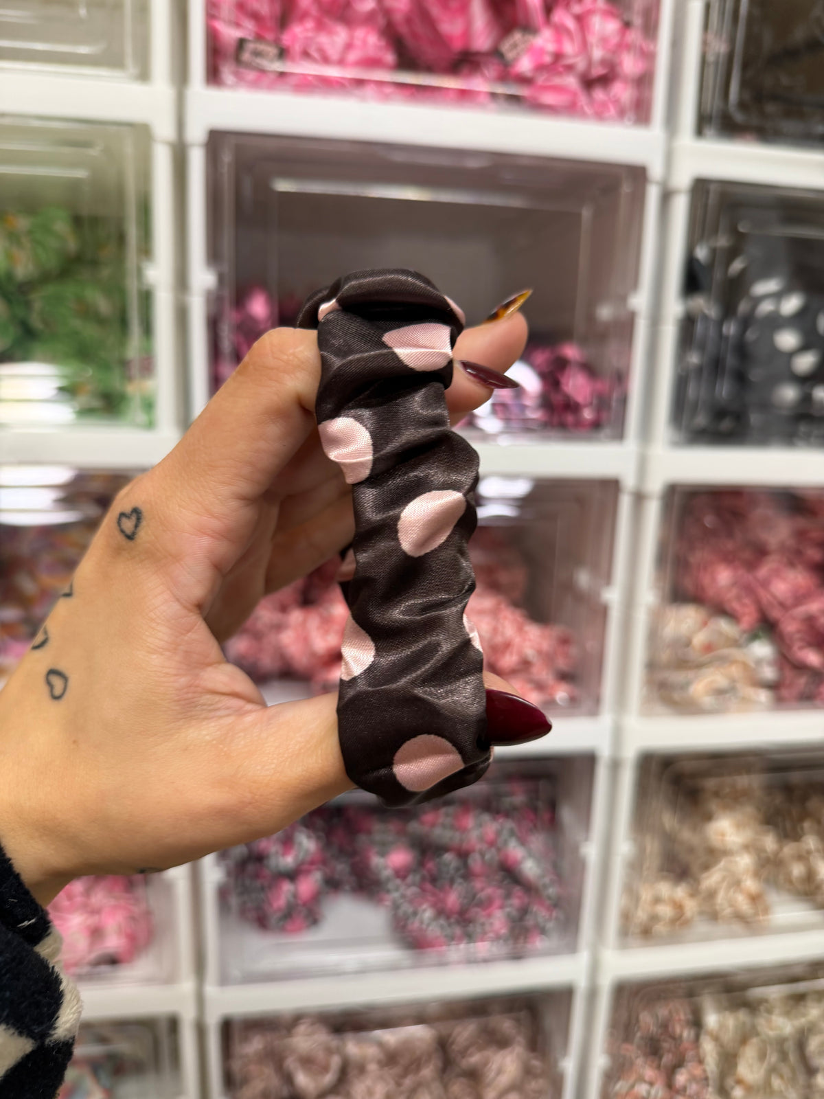 Brown and Pink Polkadot Scrunchie Keyring