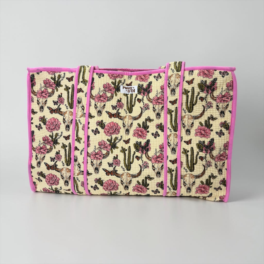 Pink Vintage Western Large Cotton Tote Bag, handmade tote bags