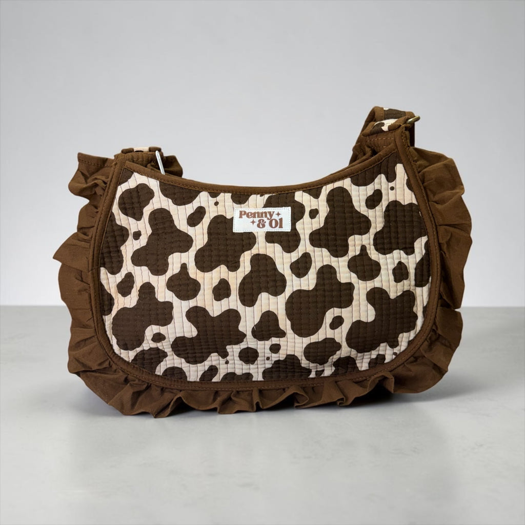 Cow Print Ruffle Shoulder Bag, Handmade Cotton Tote Bags