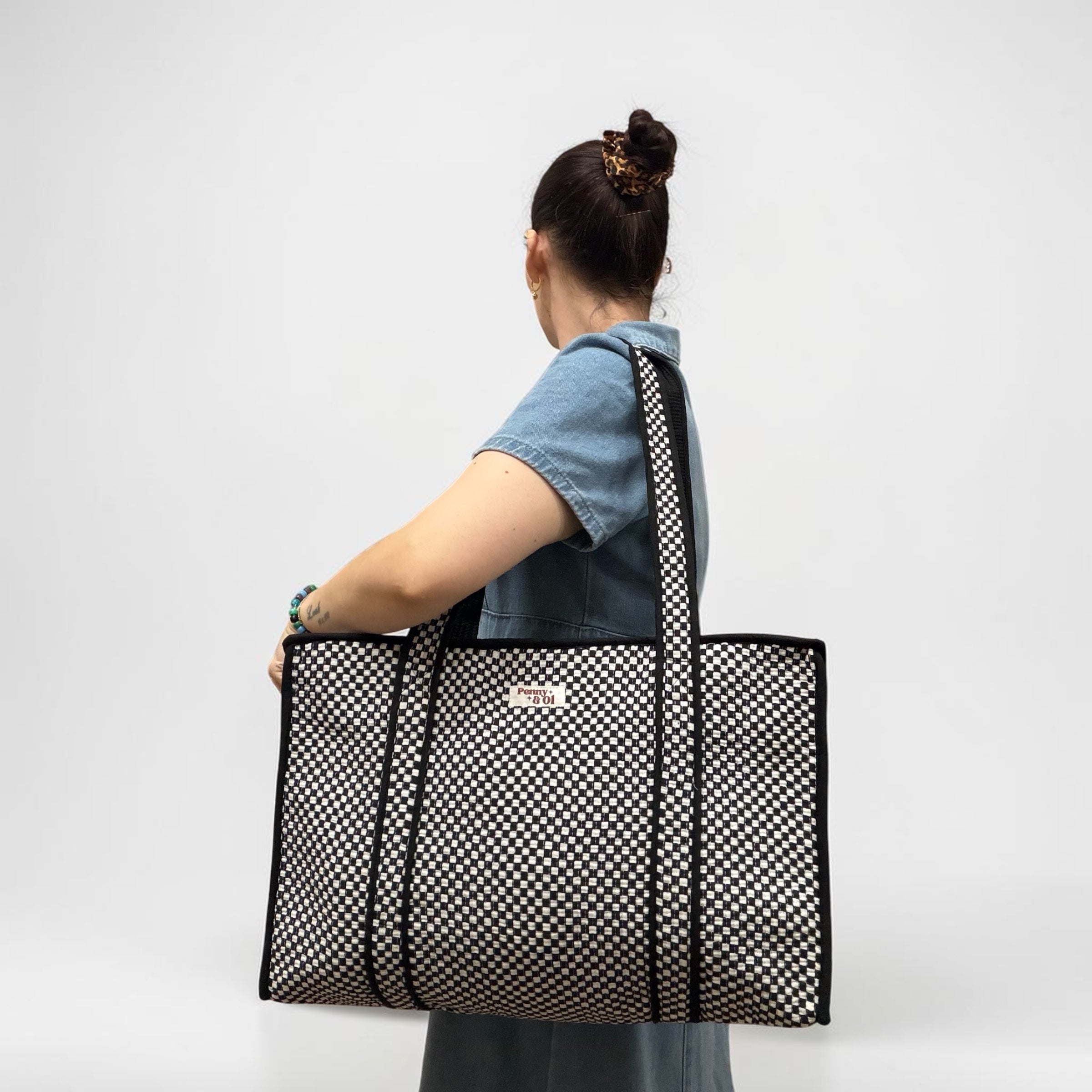 Small Black and white checkerboard, LARGE Cotton Tote Bag,