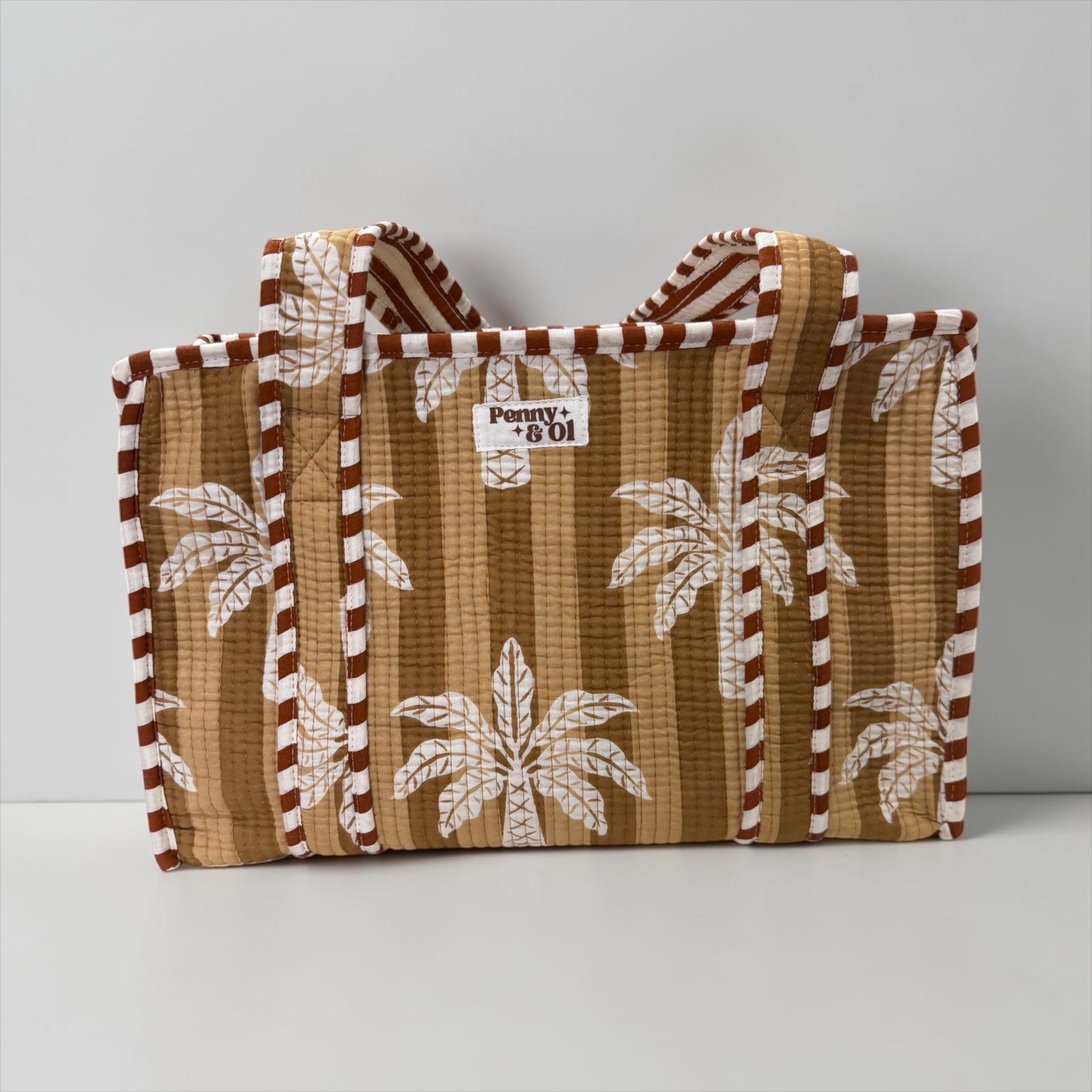 Brown stripe palm tree MEDIUM Cotton tote bag