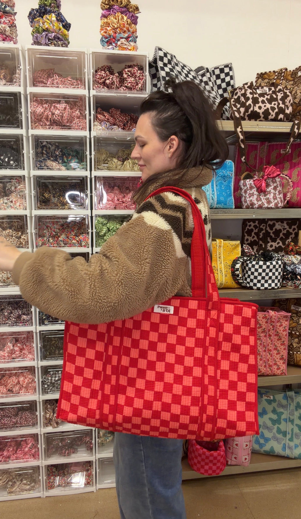 Pink & Red Checkerboard LARGE Cotton Tote Bag