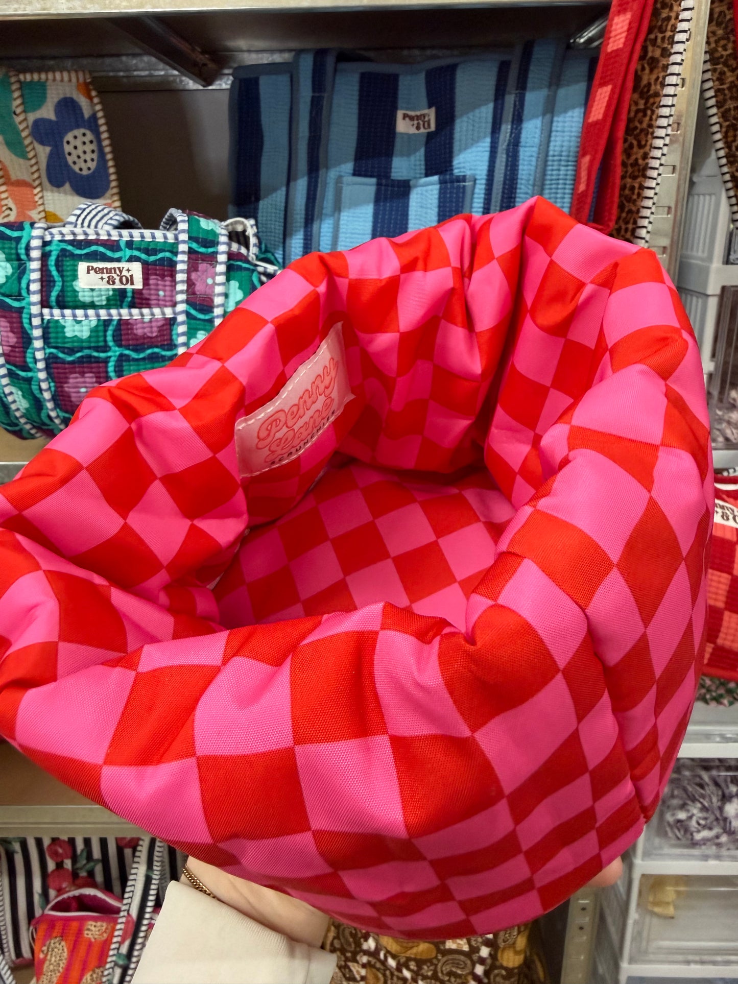 Pink & Red Checkerboard Padded Fabric Organisers, beauty basket.