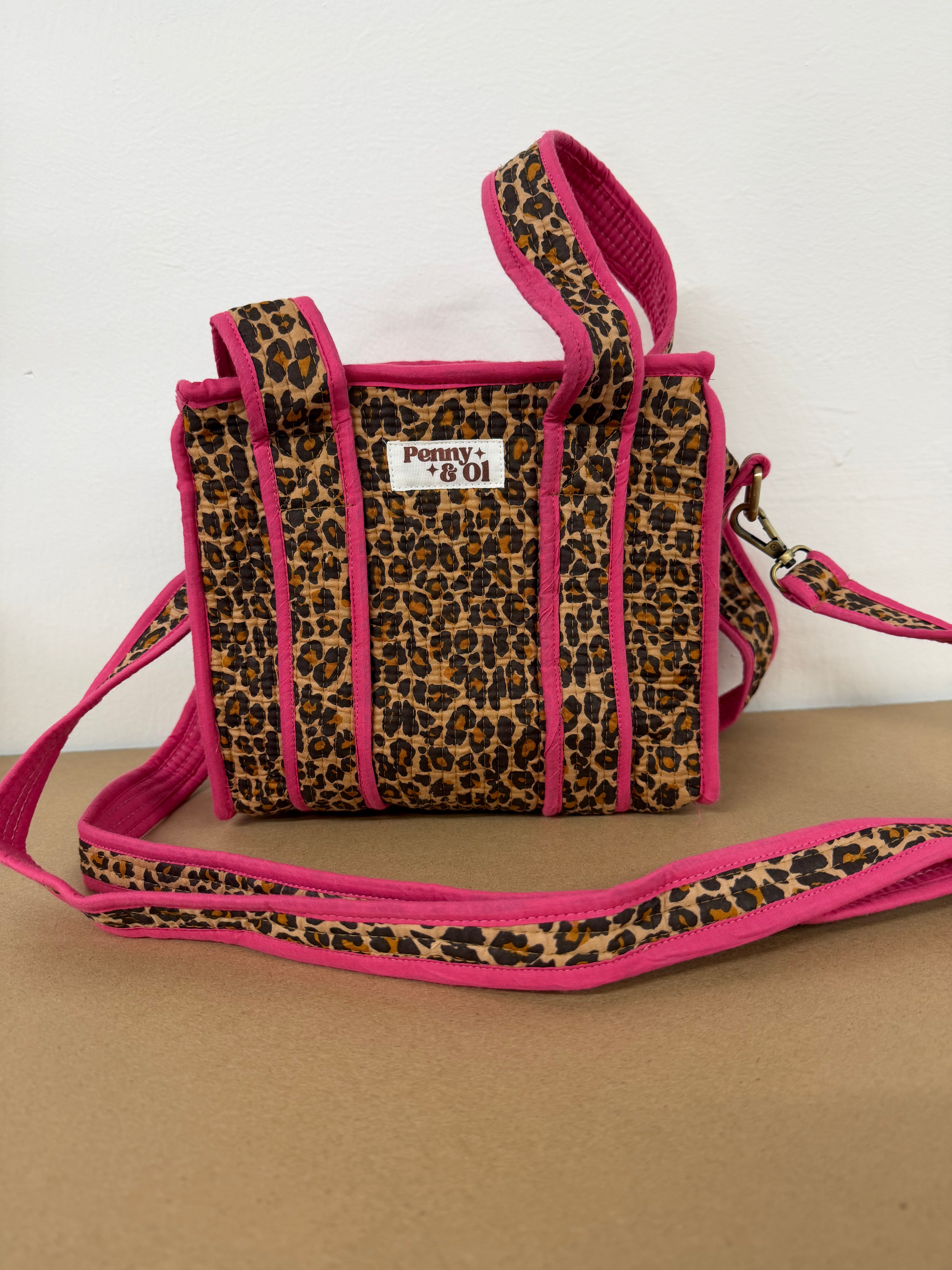 Pink Leopard Mini Tote, Handmade Cotton Tote Bag