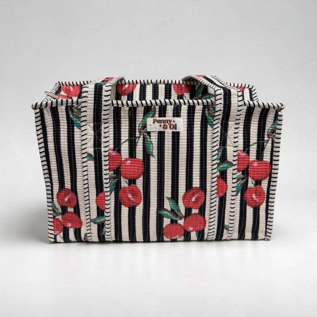 Black stripe cherry MEDIUM Cotton tote bag