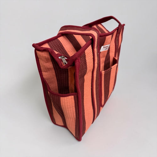 Burgundy  and peach stripe Travel Tote, Handmade Cotton Tote Bag