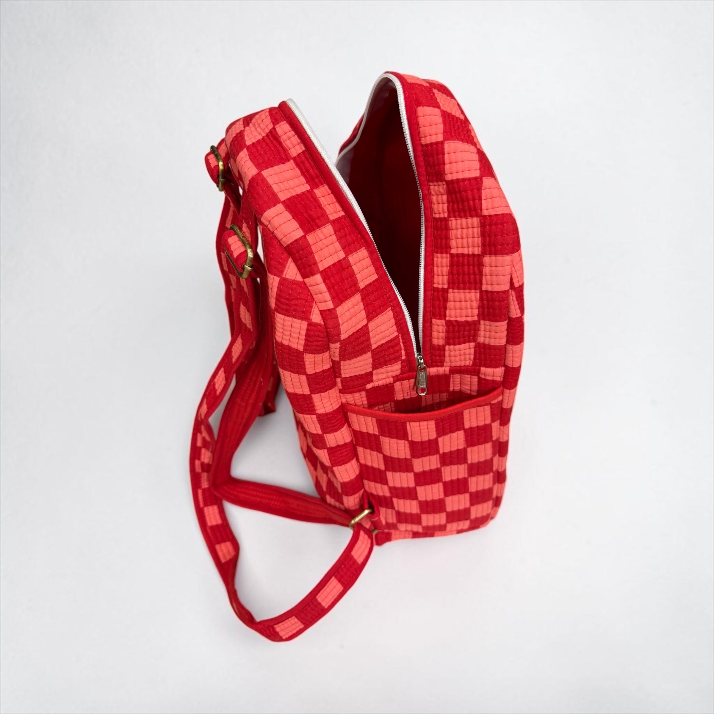 Pink & Red Checkerboard Backpack, handmade cotton tote bags.