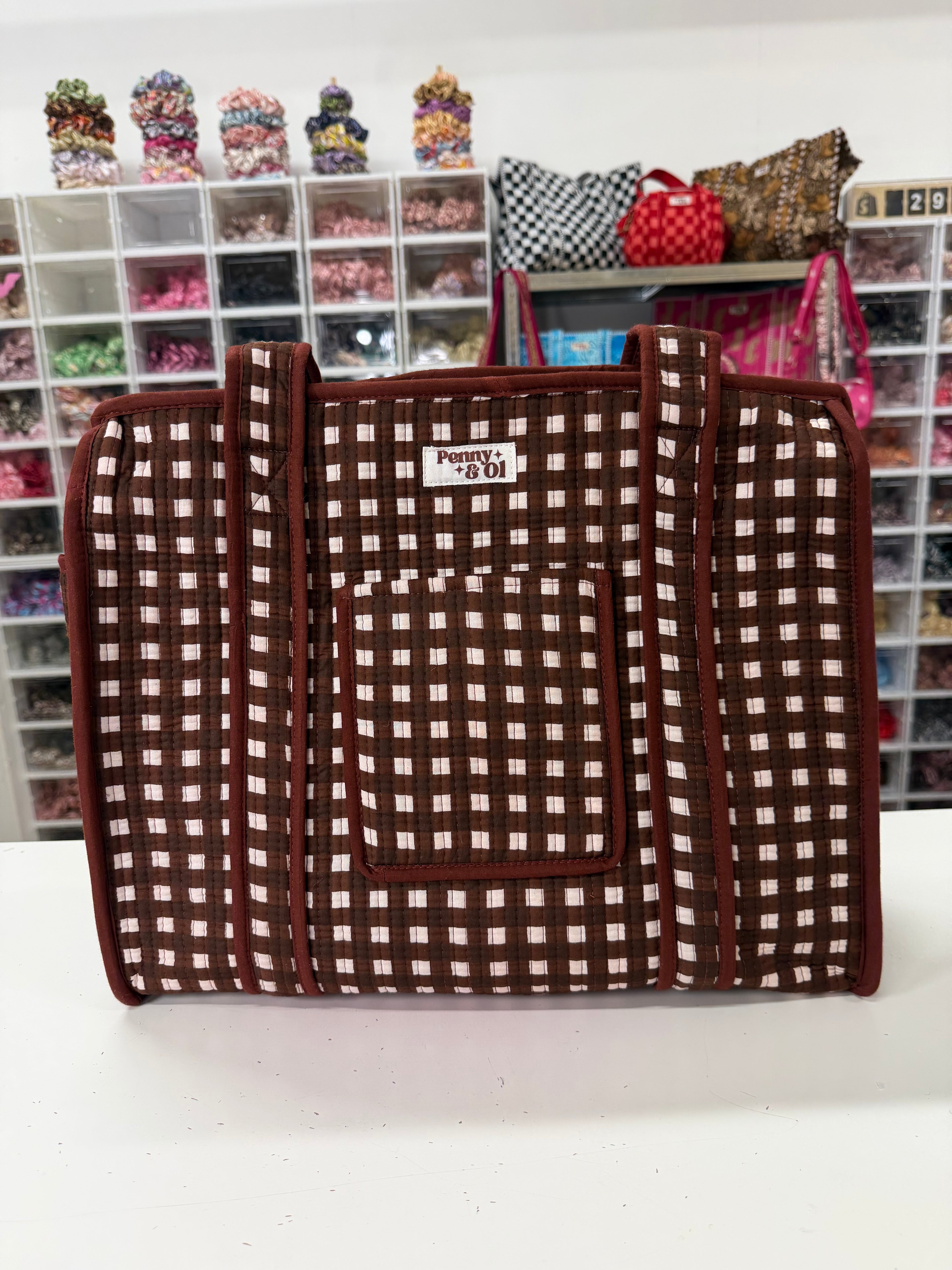 Chocolate Gingham Travel Tote, Handmade Cotton Tote Bag