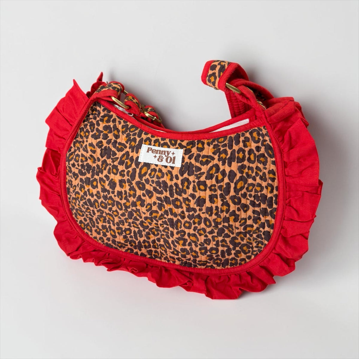 Red Leopard Ruffle Shoulder Bag, Handmade Cotton Tote Bags