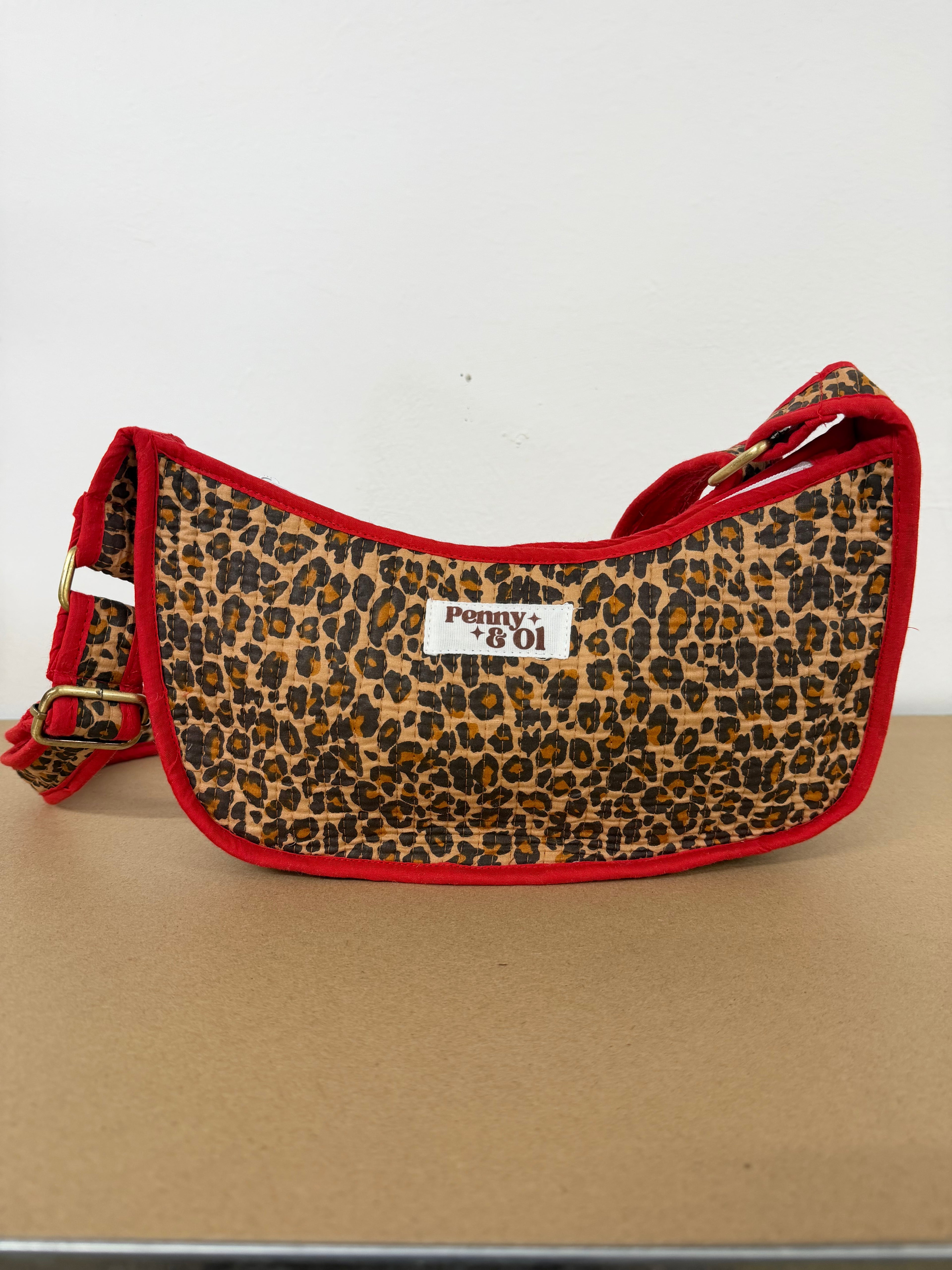Red Leopard Mini Shoulder Bag, Handmade Cotton Tote Bags