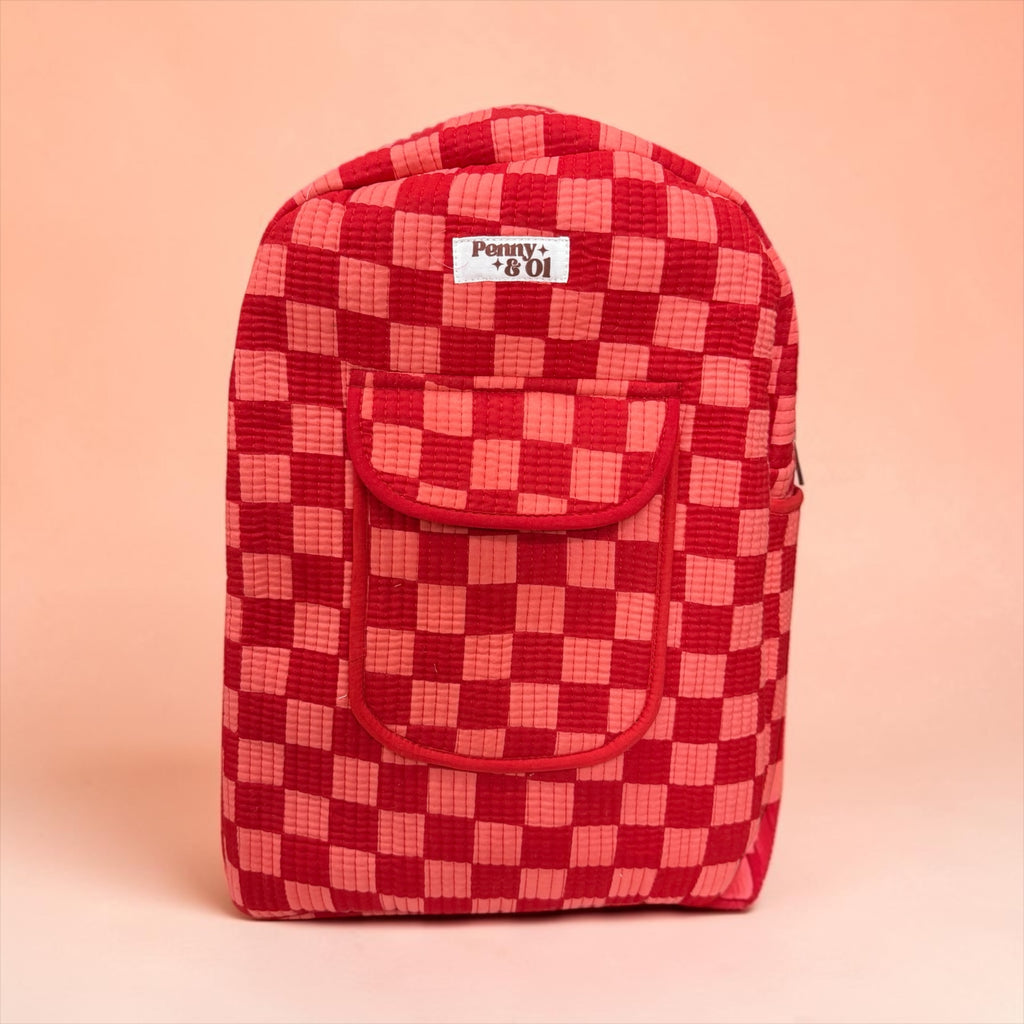 Pink & Red Checkerboard Backpack, handmade cotton tote bags.
