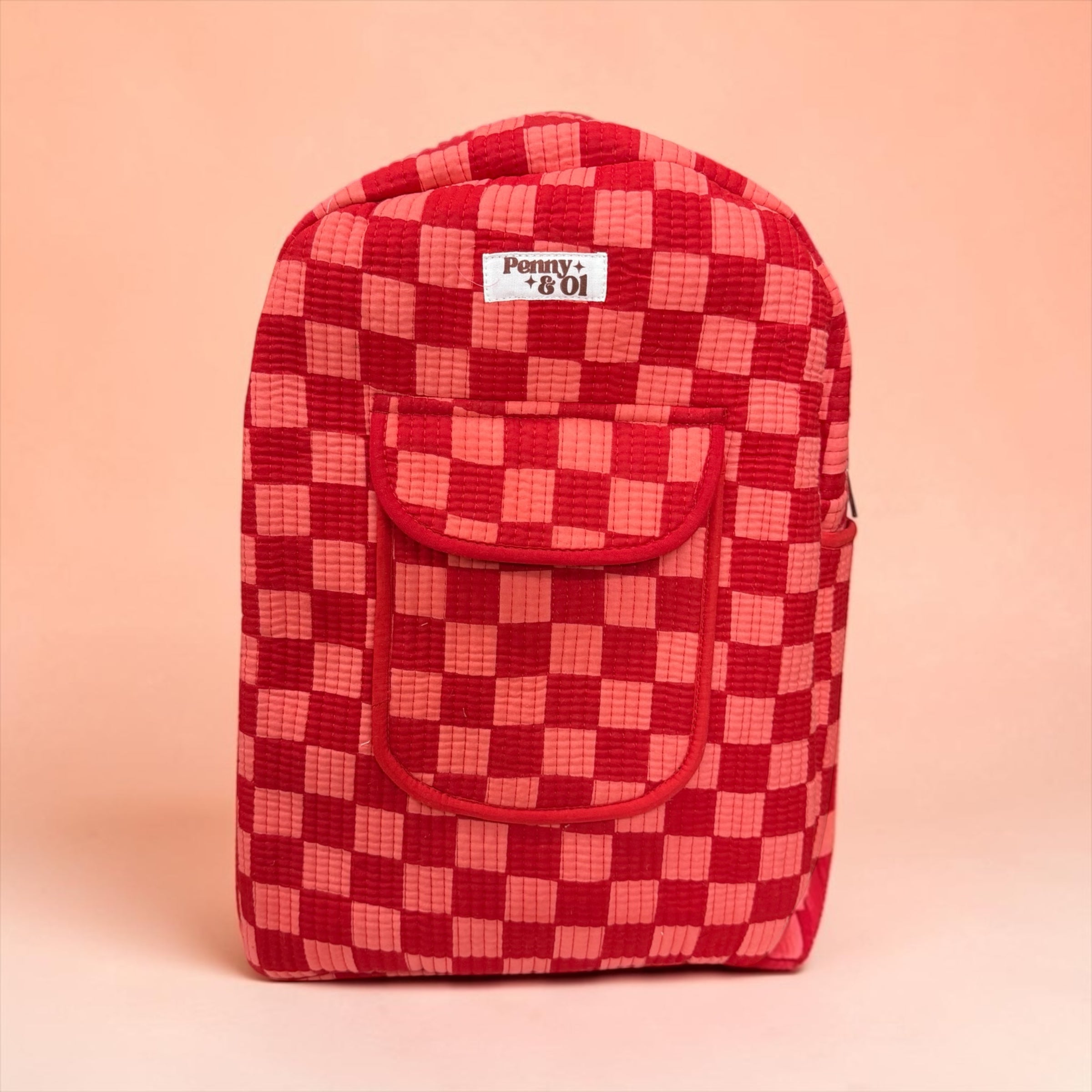 Pink & Red Checkerboard Backpack, handmade cotton tote bags.