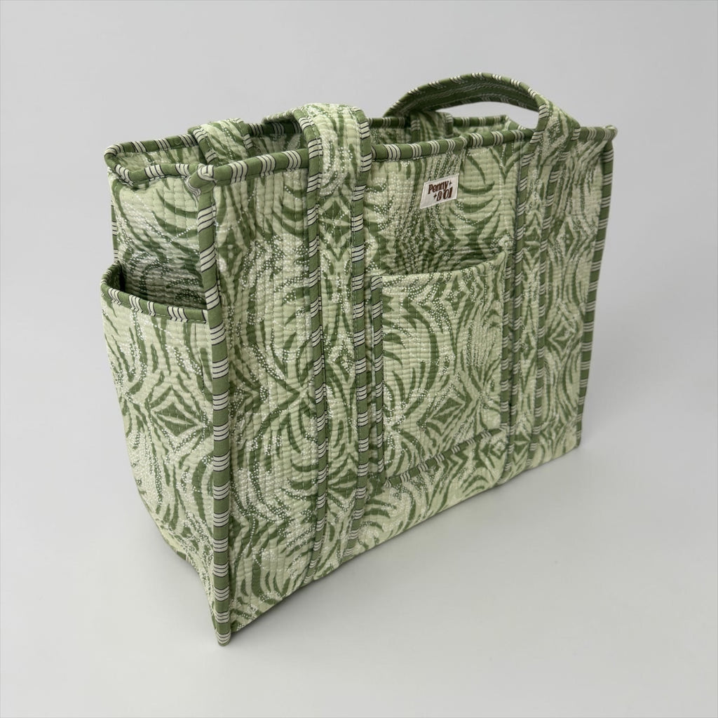Sage Aztec Travel Tote, Handmade Cotton Tote Bag