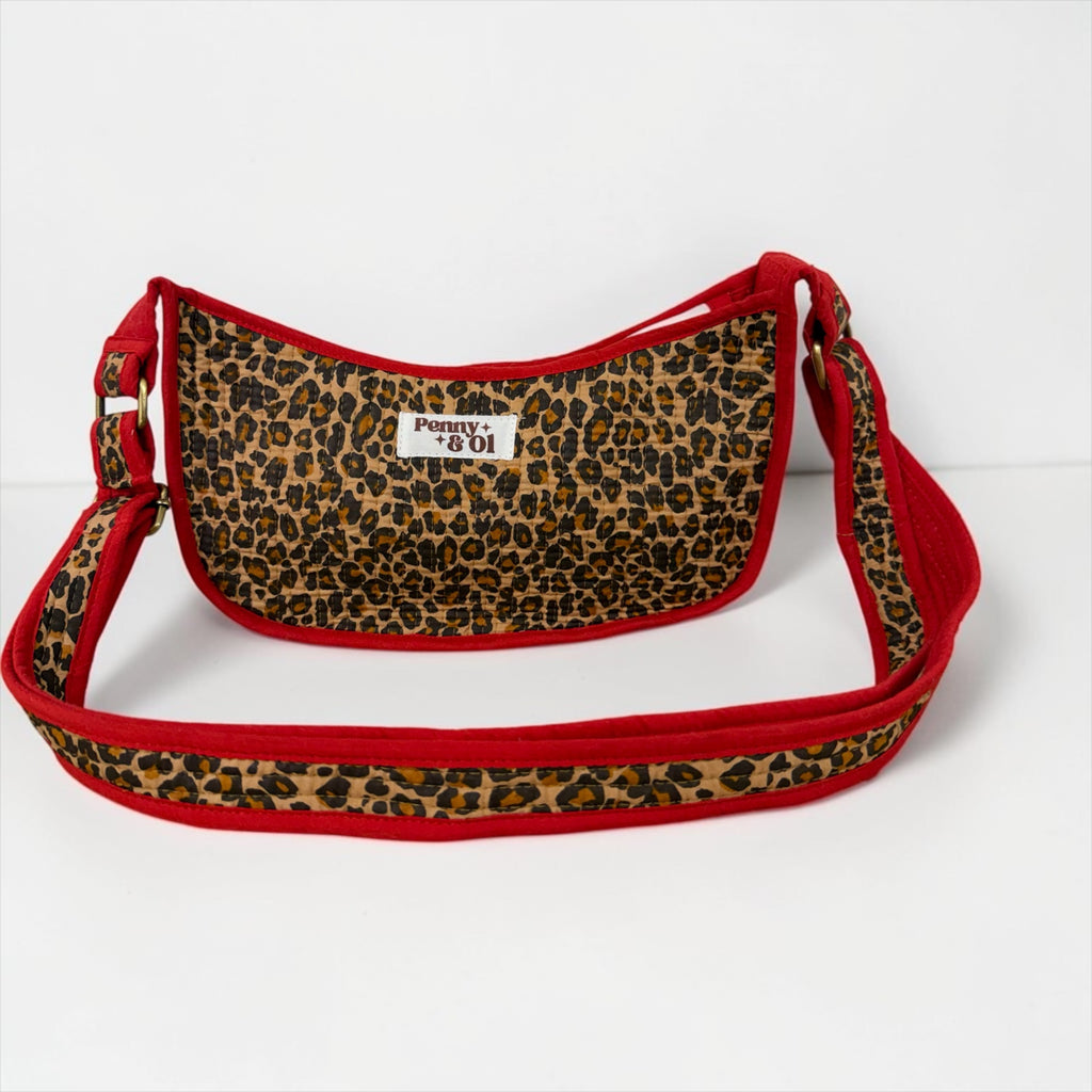 Red Leopard Mini Shoulder Bag, Handmade Cotton Tote Bags