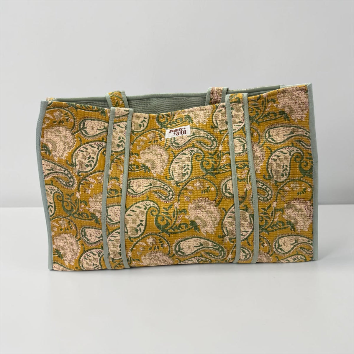 Mustard Paisley Sage Lining REVERSIBLE Large Cotton Tote Bag, handmade tote bags