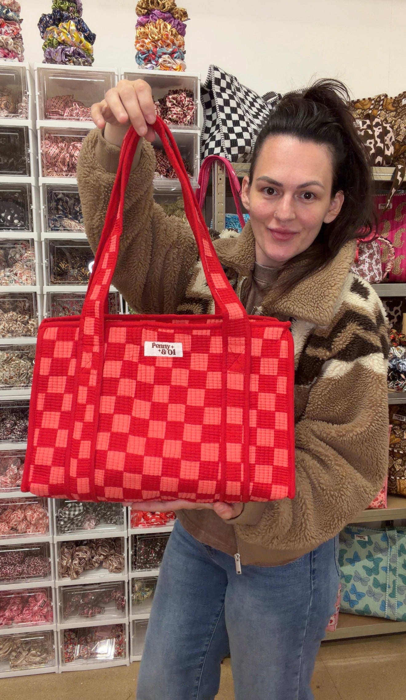 Red & Pink Checkerboard MEDIUM Cotton tote bag