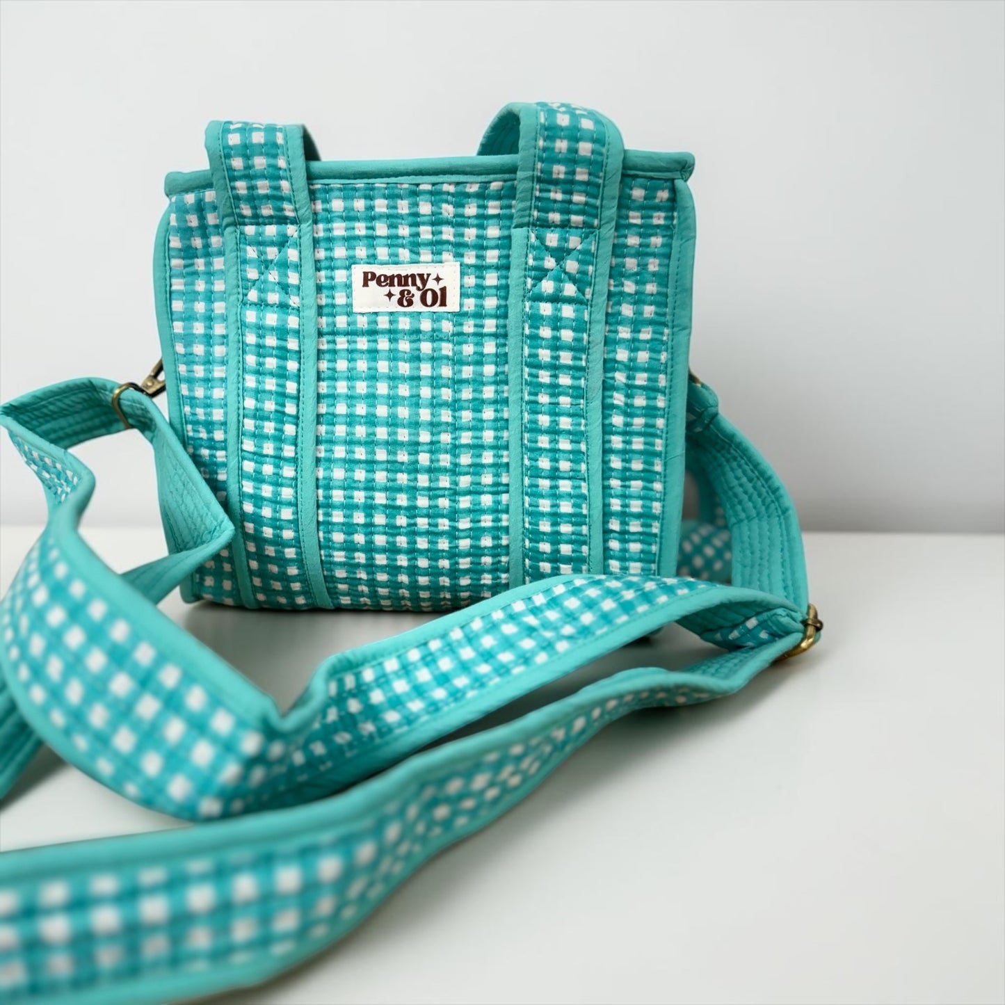 Aqua Gingham Collection. Cotton, handmade tote bags