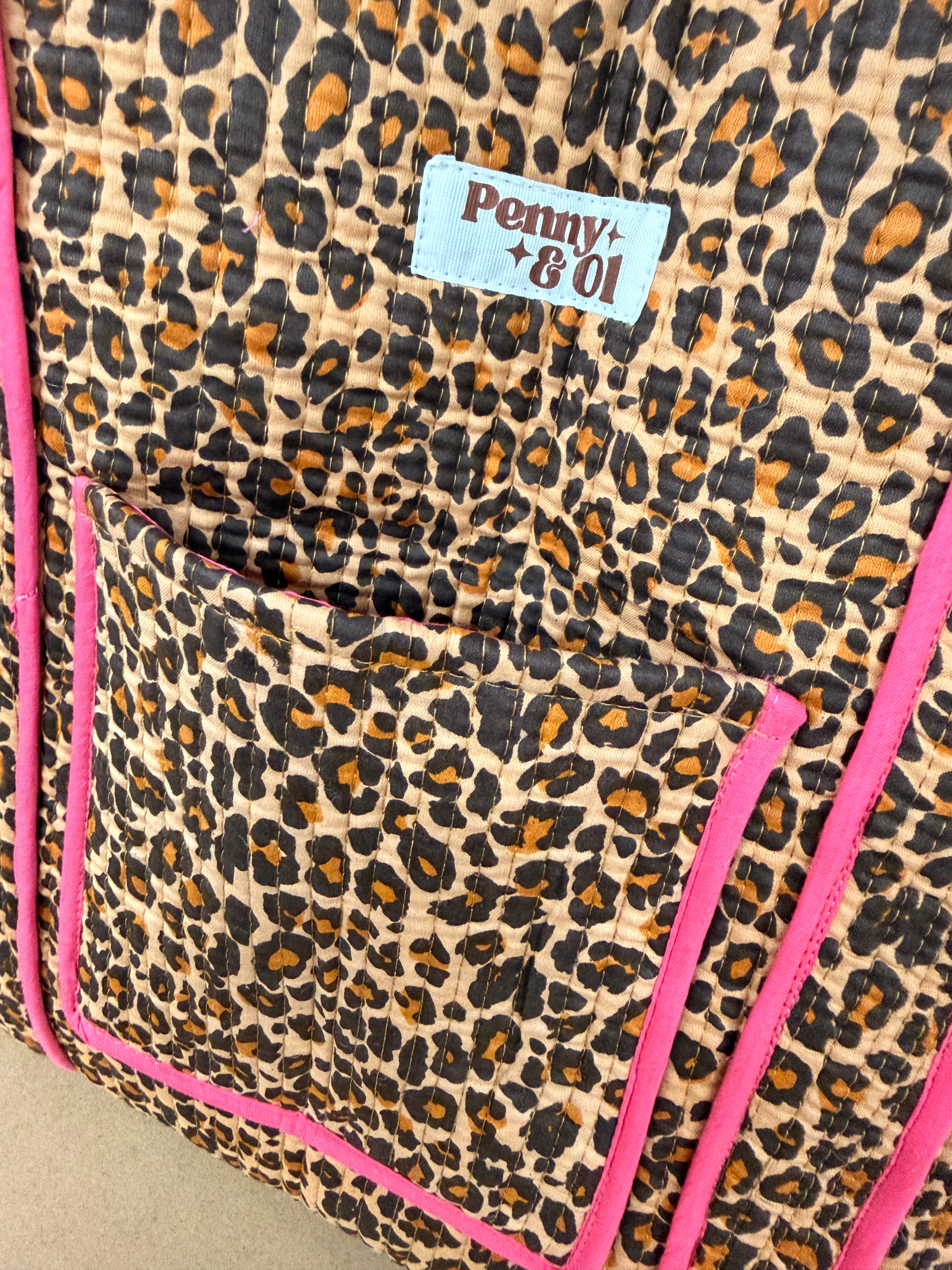 Pink Leopard Print Travel Tote, Handmade Cotton Tote Bag