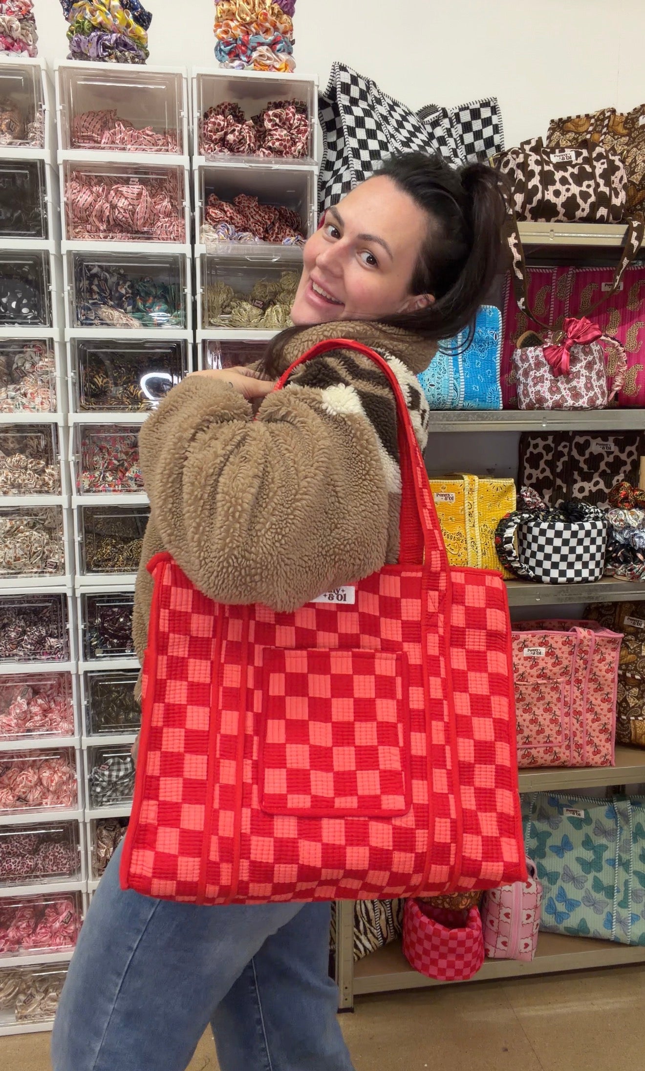 Red & Pink Checkerboard Travel Tote, Handmade Cotton Tote Bag