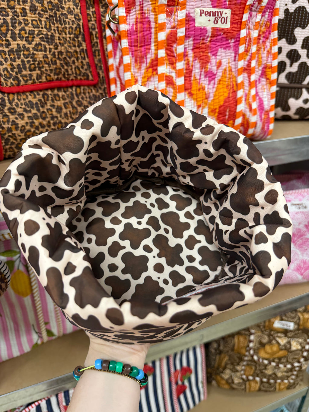 Cow print Padded Fabric Organisers, beauty basket..