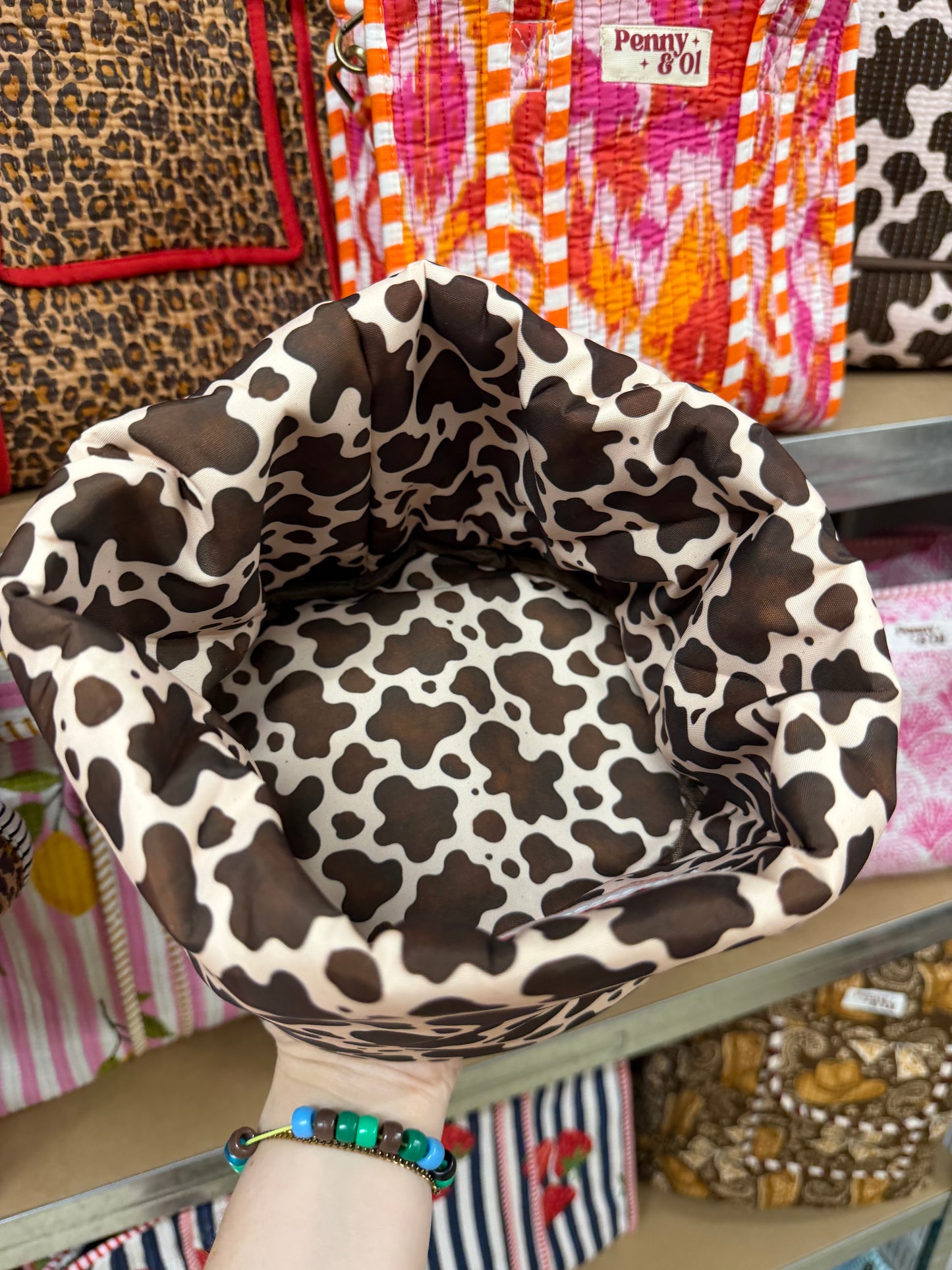 Cow print Padded Fabric Organisers, beauty basket..