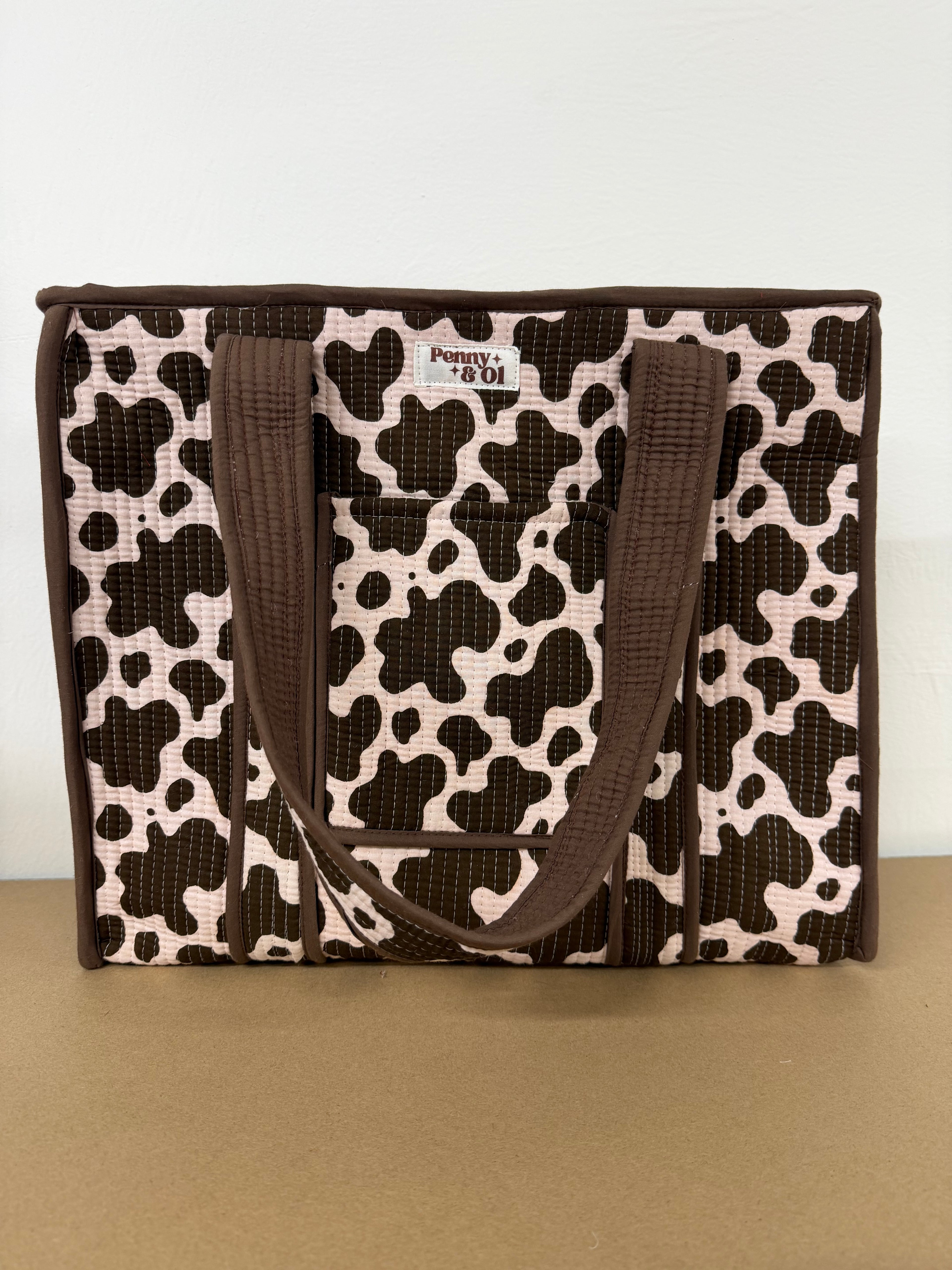 Cow Print Travel Tote, Handmade Cotton Tote Bag