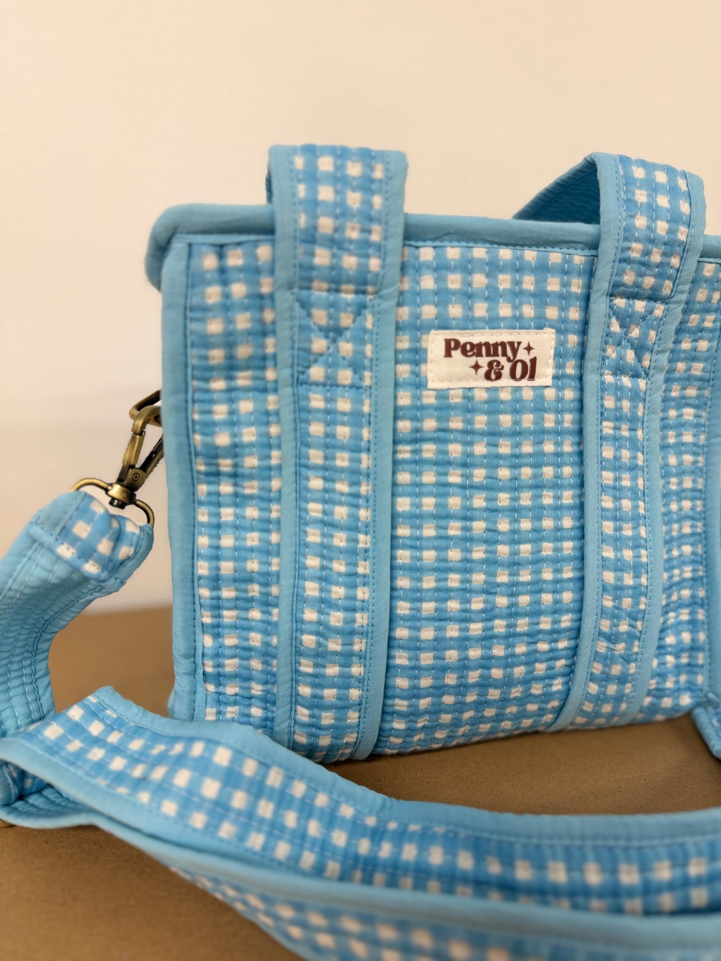 Baby Blue Gingham Collection. Cotton, handmade tote bags