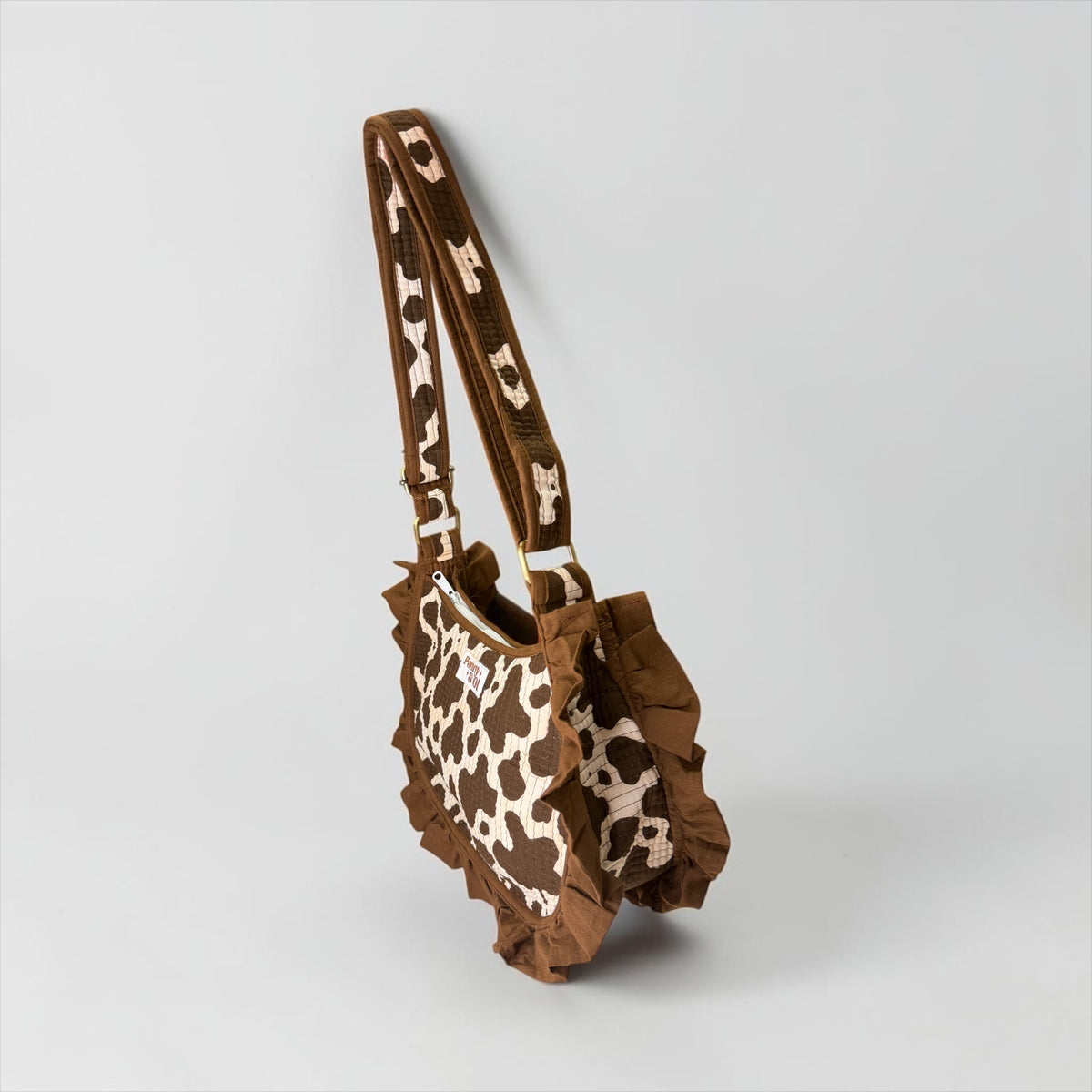 Cow Print Ruffle Shoulder Bag, Handmade Cotton Tote Bags