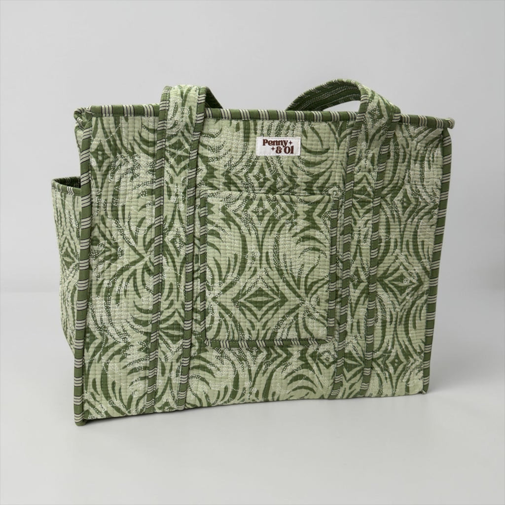 Sage Aztec Travel Tote, Handmade Cotton Tote Bag
