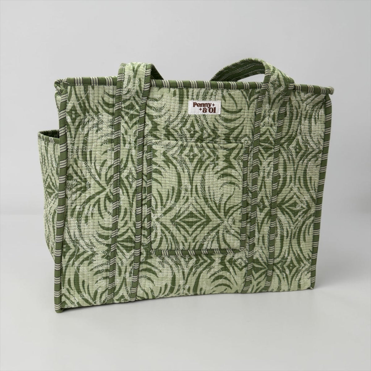 Sage Aztec Travel Tote, Handmade Cotton Tote Bag