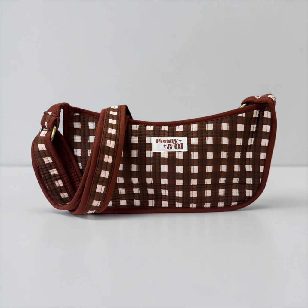 Chocolate Gingham Mini SHOULDER bag, cross body bag.