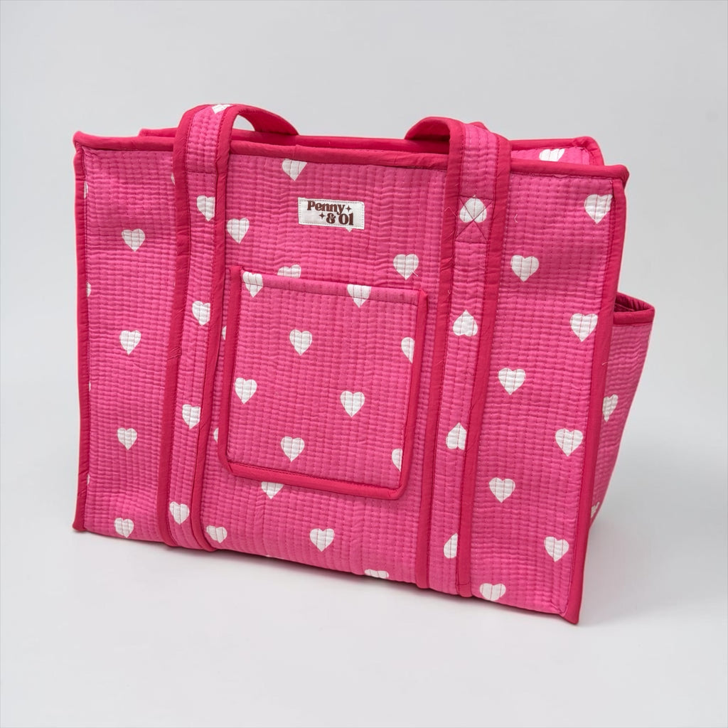 Pink Hearts Travel Tote, Handmade Cotton Tote Bag