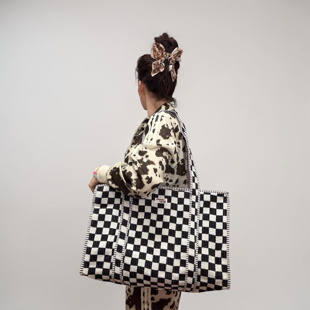 Black and white checkerboard, LARGE Cotton Tote Bag