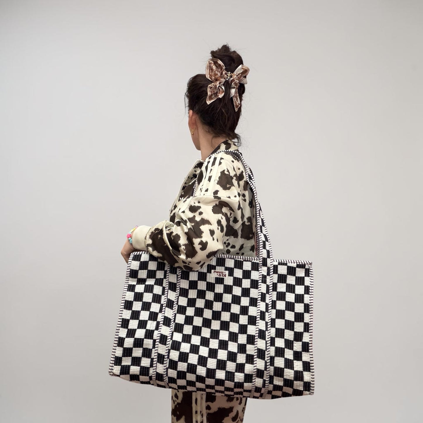 Black and white checkerboard, LARGE Cotton Tote Bag