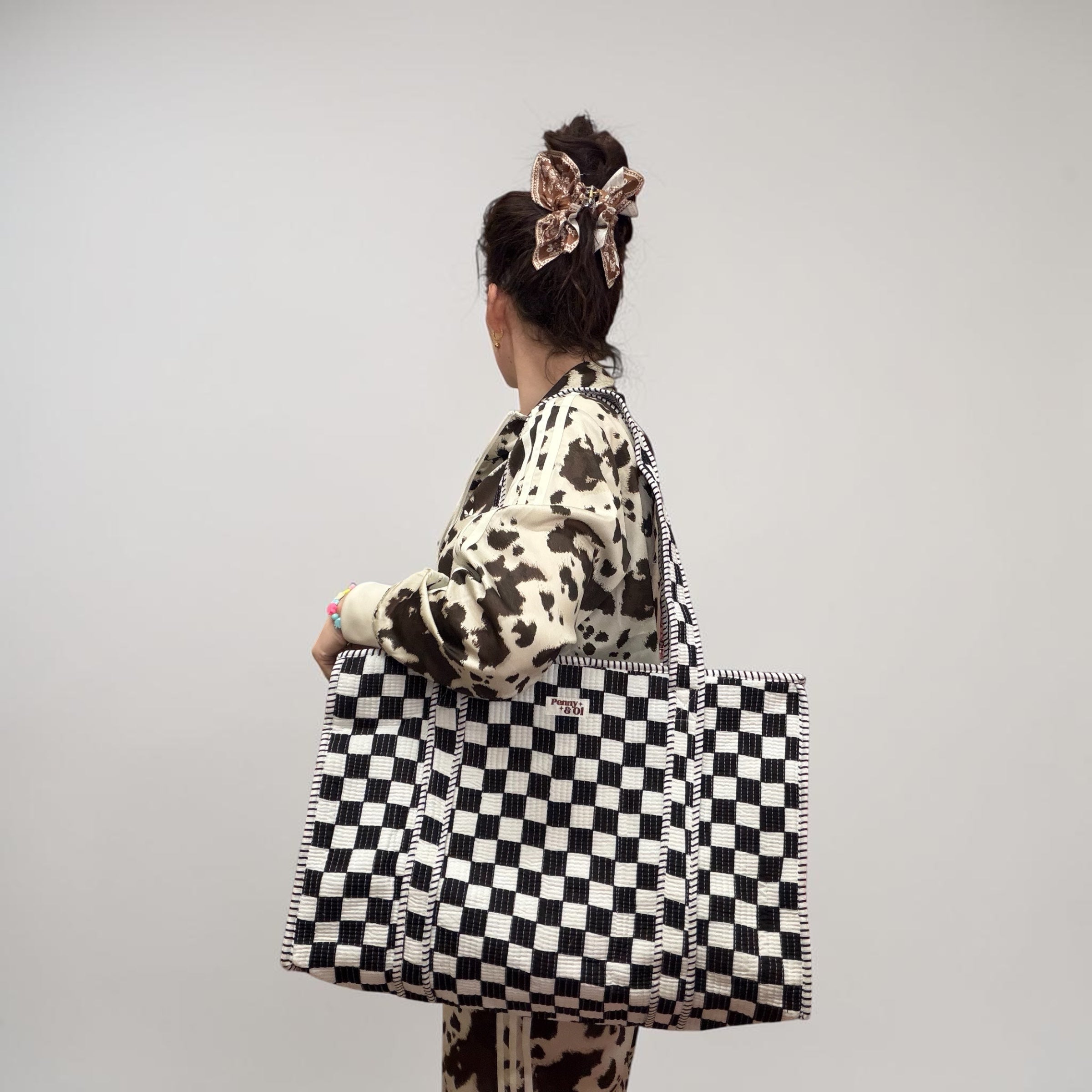 Black and white checkerboard, LARGE Cotton Tote Bag