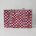 Plum Checkerboard Leopard Large Cotton Tote Bag, handmade tote bags