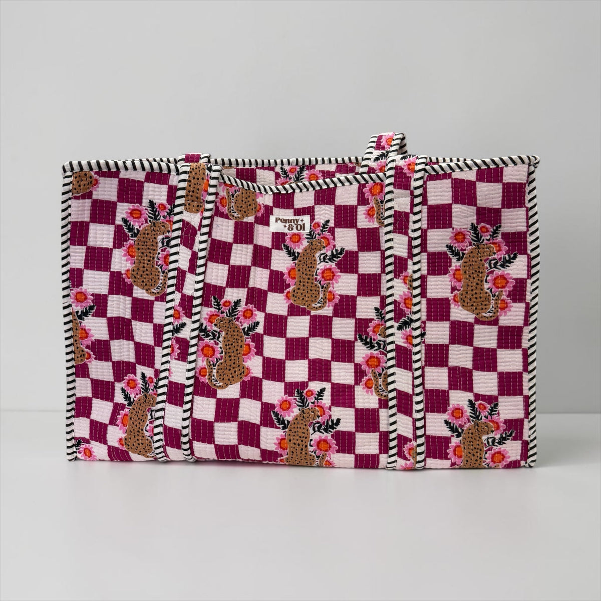 Plum Checkerboard Leopard Large Cotton Tote Bag, handmade tote bags