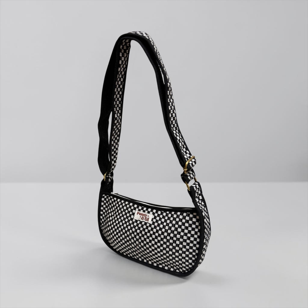 Small black & white checkerboard Mini SHOULDER bag, cross body bag.