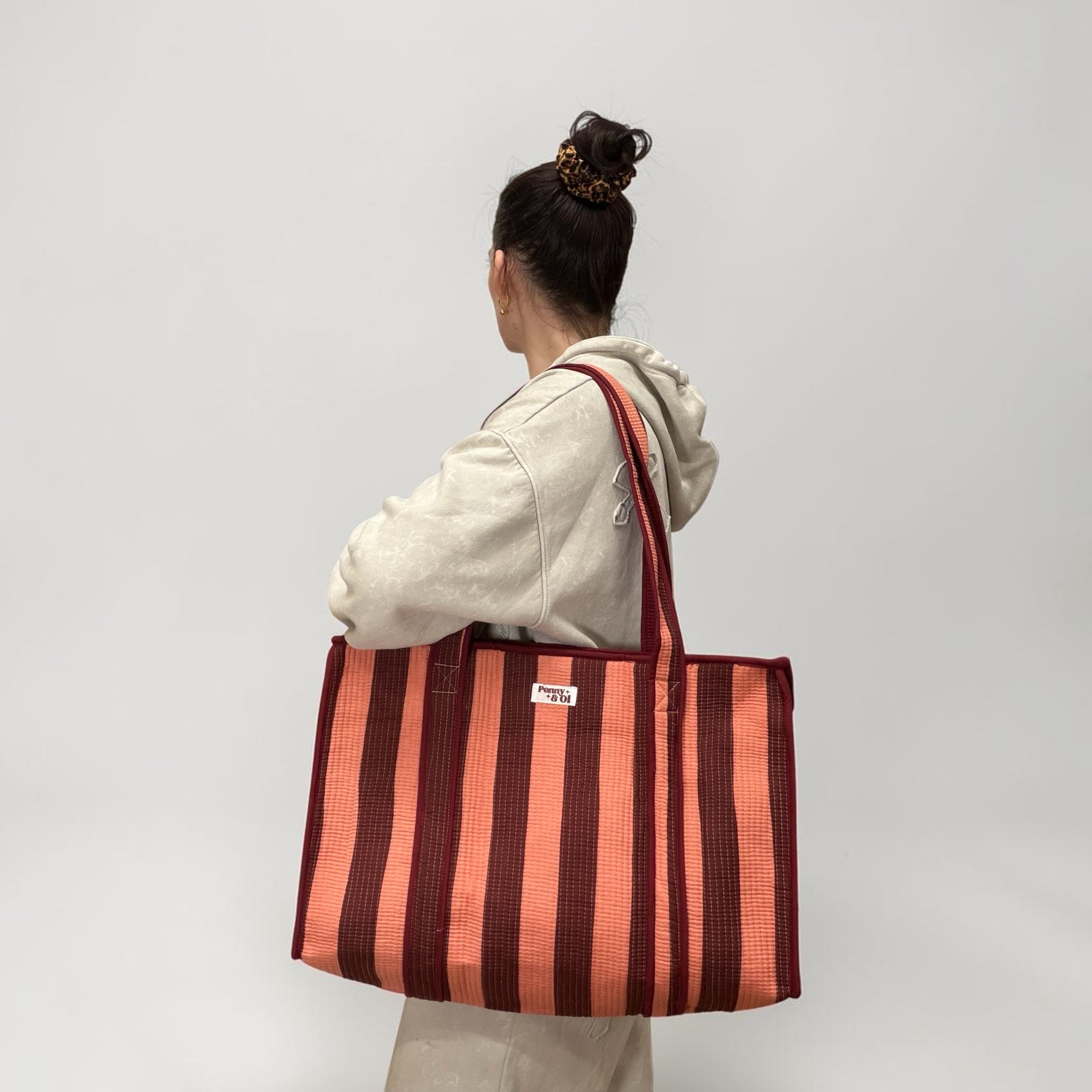 Burgundy and peachy pink stripe LARGE Cotton Tote Bag
