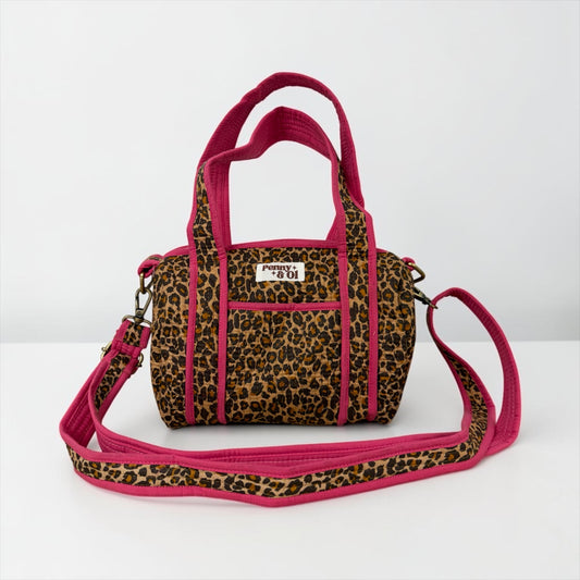 Pink Leopard Print Mini Duffle Tote, Handmade Tote Bag