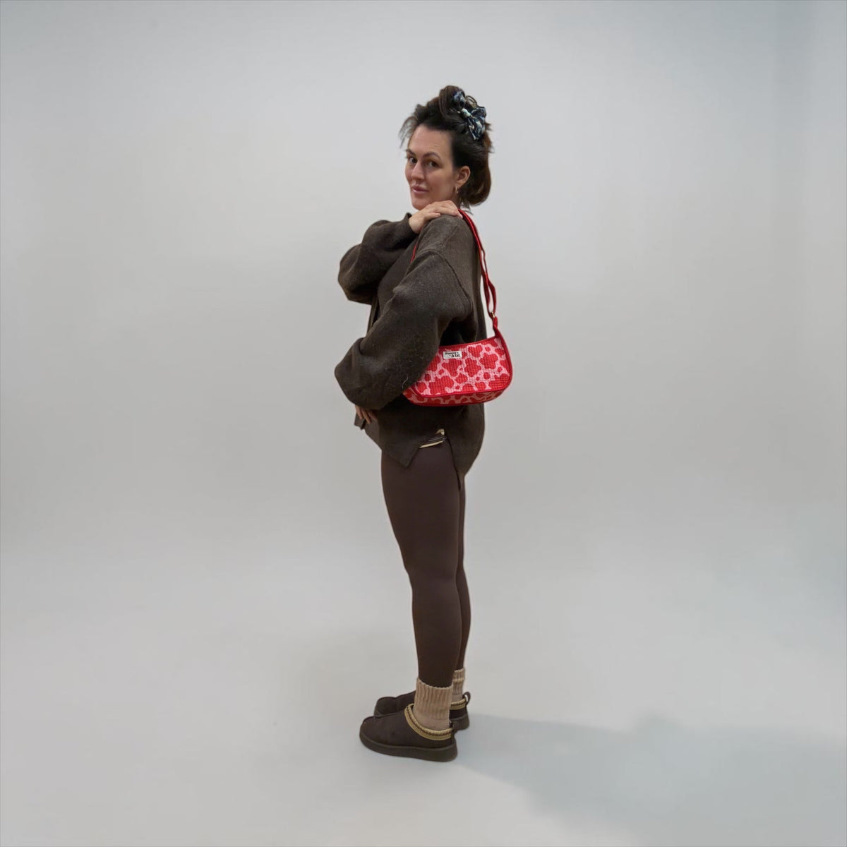 Pink & Red Cow Print Mini Shoulder Bag, Handmade Cotton Tote Bags