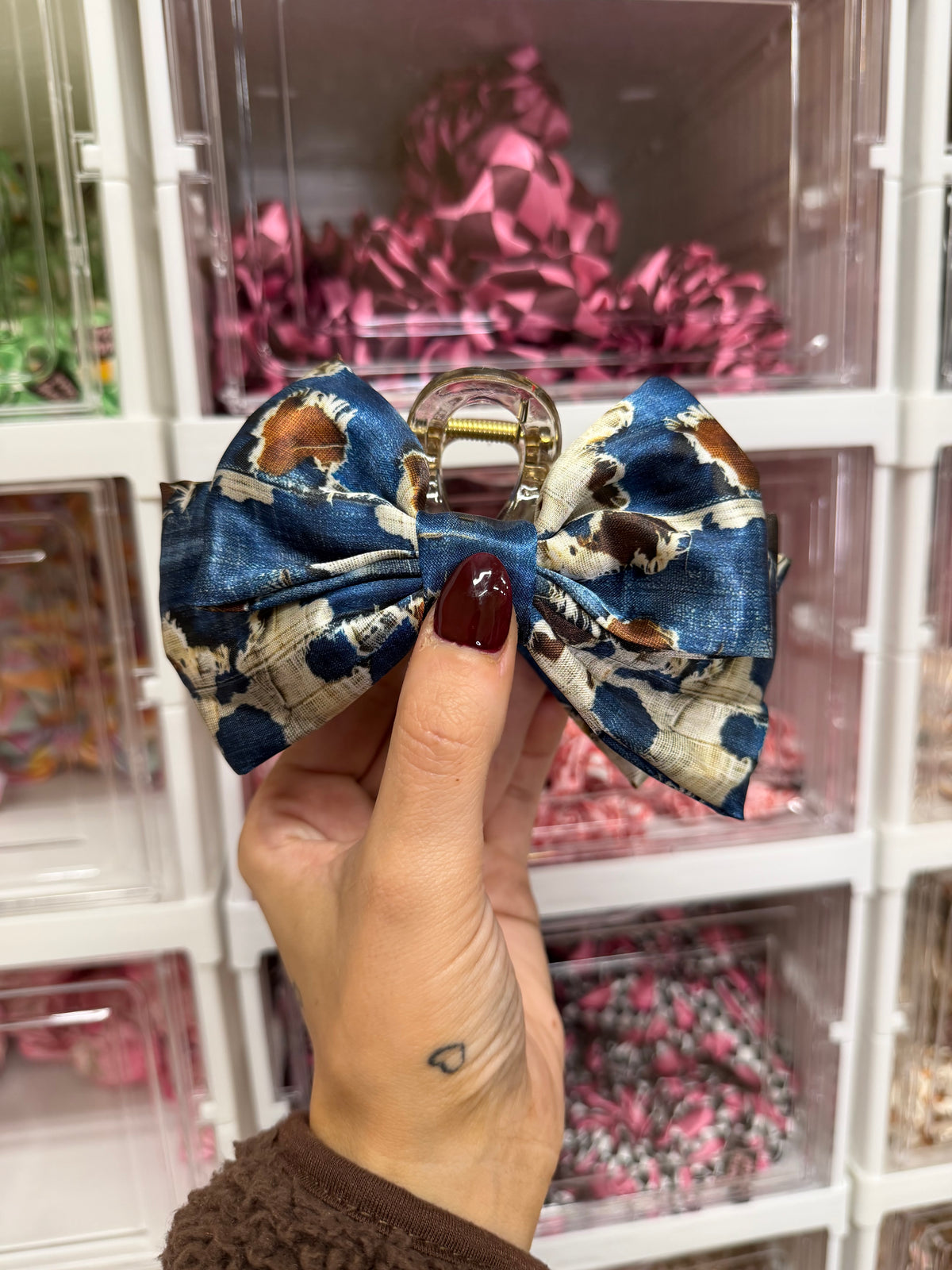 Denim & Cow Print Patchwork Fabric Claw Clip, Custom Made PLS Fabrics