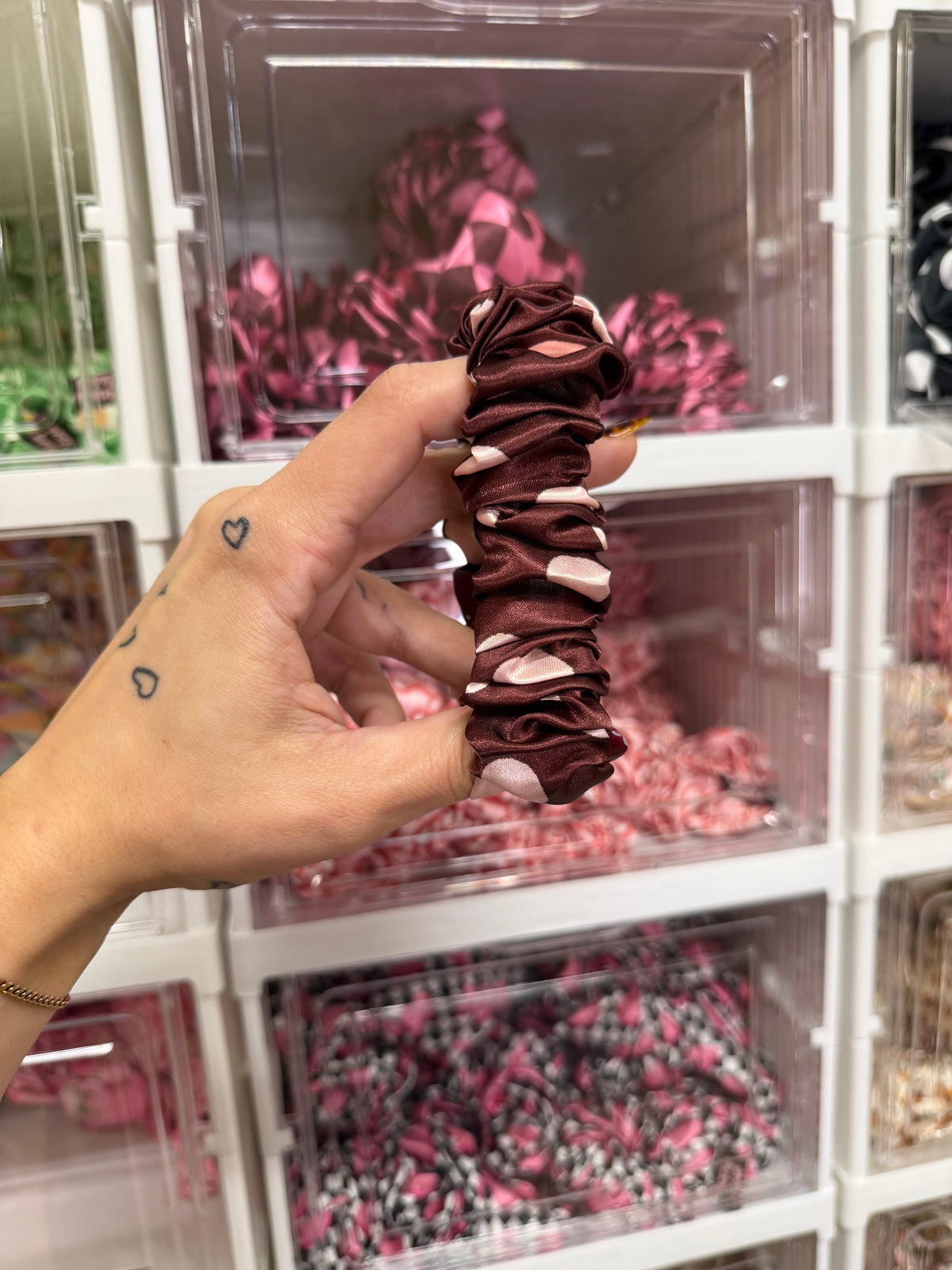 Brown & Pink Polkadot Scrunchie Keyring