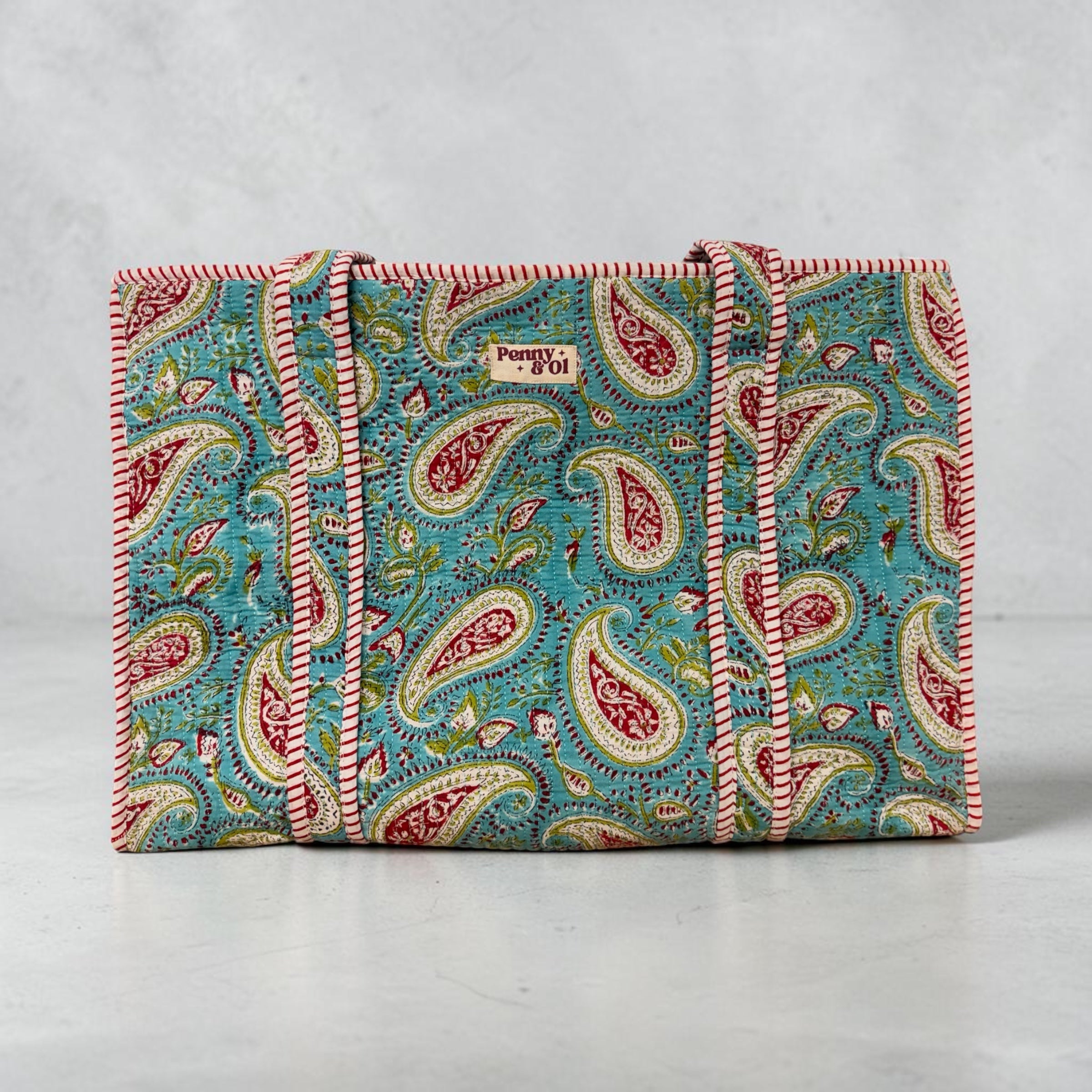 Turquoise Paisley Large Cotton Tote Bag, handmade tote bags
