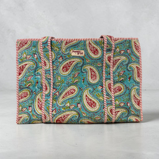 Turquoise Paisley Large Cotton Tote Bag, handmade tote bags