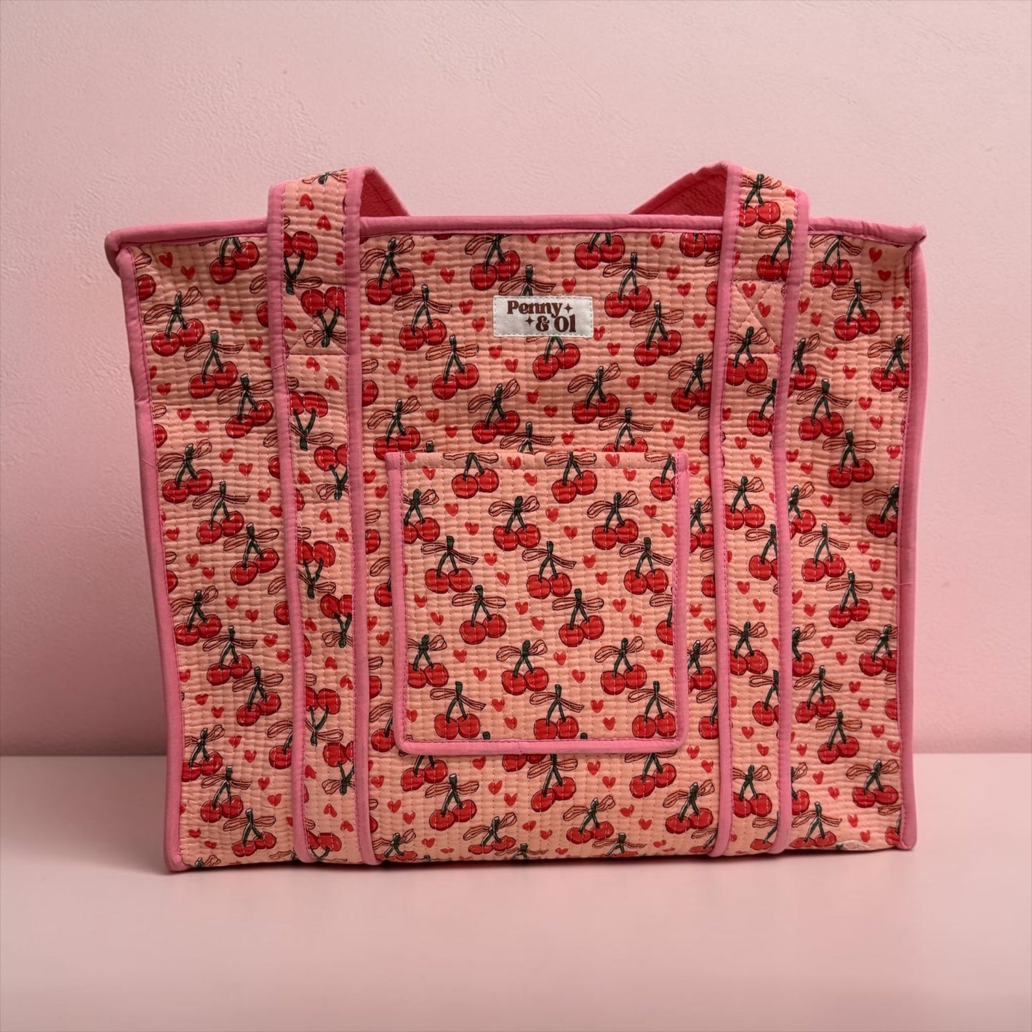 Cherry Love Travel Tote, Handmade Cotton Tote Bag